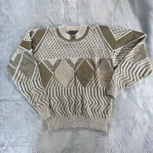 90s textured knit sweater saxony 3d diamond pattern neutral taupe size m retro